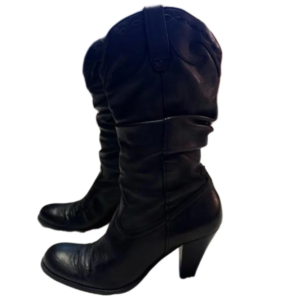 Jessica Simpson Daisy Black Leather Cowgirl Boots Size 7.5 Slouchy Almond Toe - Picture 12 of 13